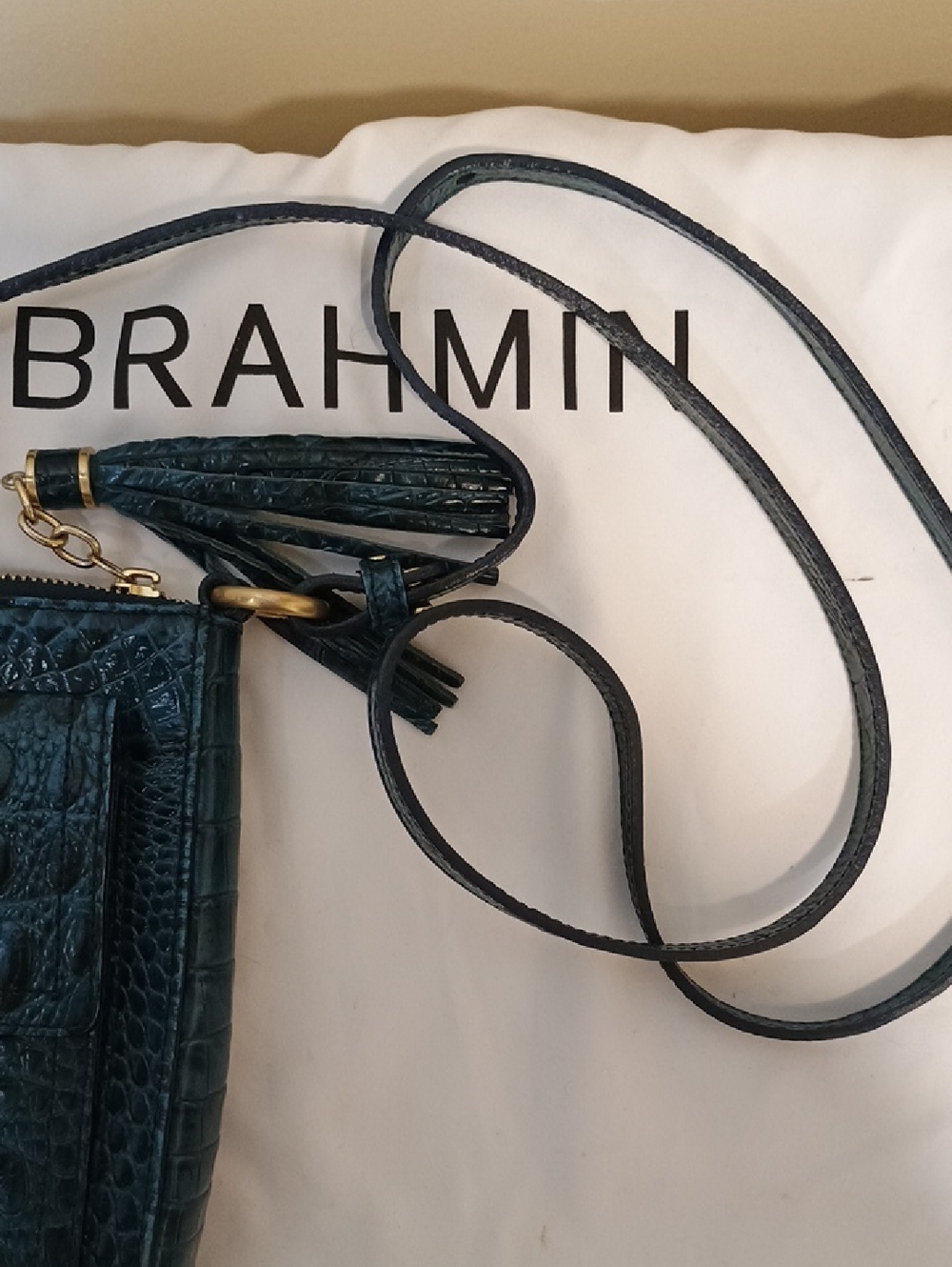 Brahmin Mimosa - Teal Croc-Embossed Leather Crossbody with Gold Hardware - Picture 7 of 7